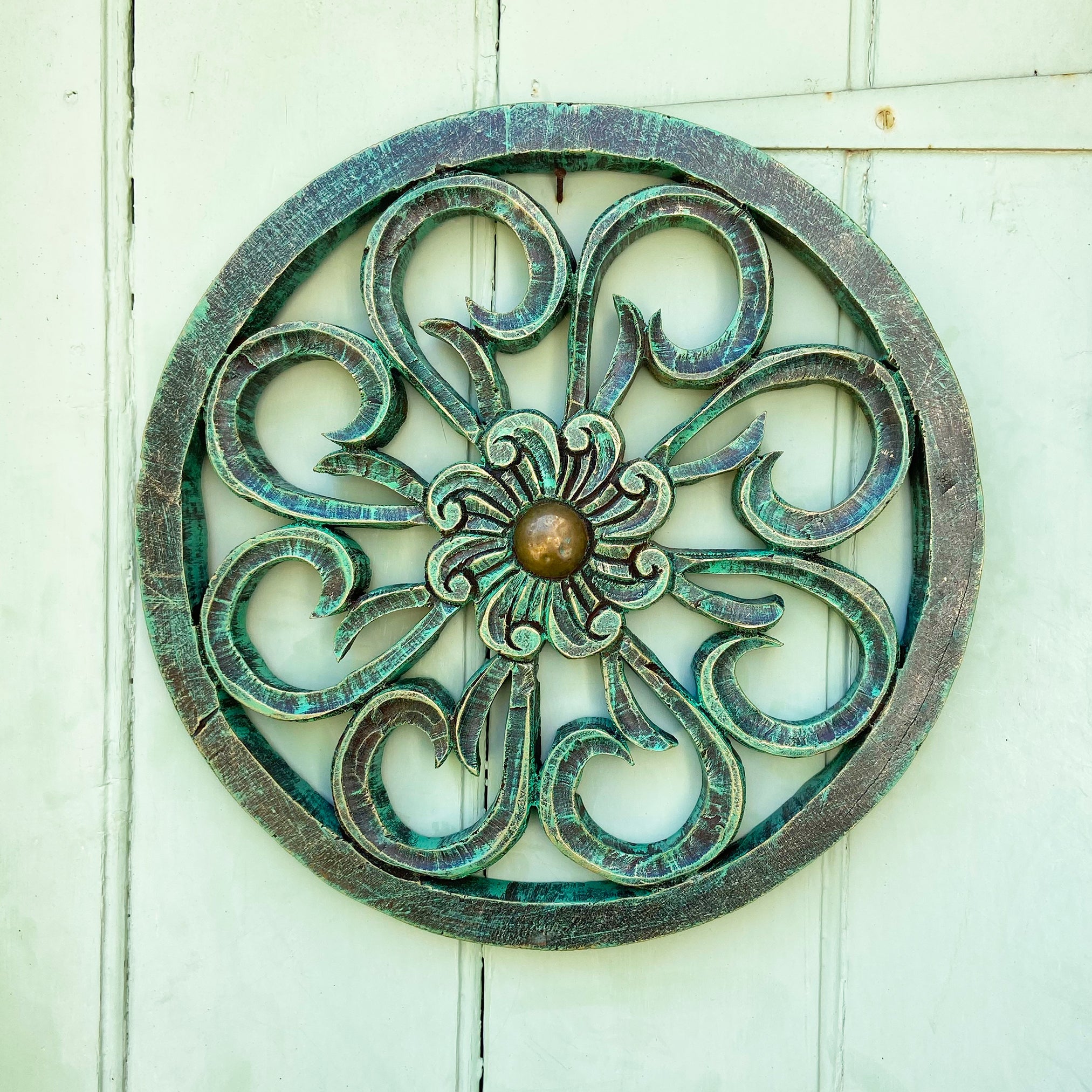 Hand-carved, vintage-style, painted wooden panel - round; floral with brass centre