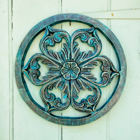 Hand-carved, vintage-style, painted wooden panel - round; lotus flower