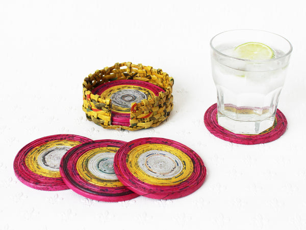 Newspaper coasters - set of 6 with holder, 10 colour options