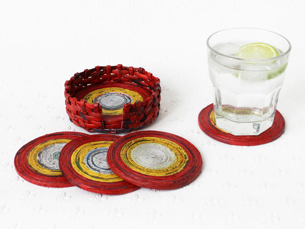 Newspaper coasters - set of 6 with holder, 10 colour options