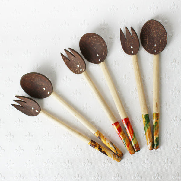 Coconut shell salad servers - medium; 3 lacquer colours