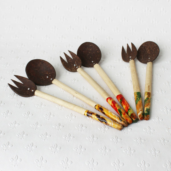 Coconut shell salad servers - medium; 3 lacquer colours