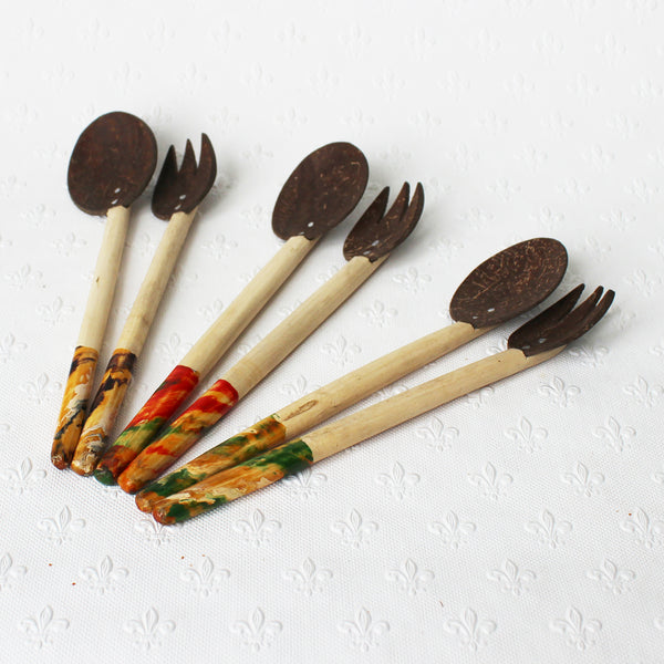 Coconut shell salad servers - medium; 3 lacquer colours