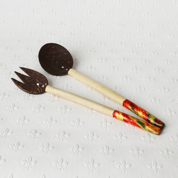 Coconut shell salad servers - medium; 3 lacquer colours