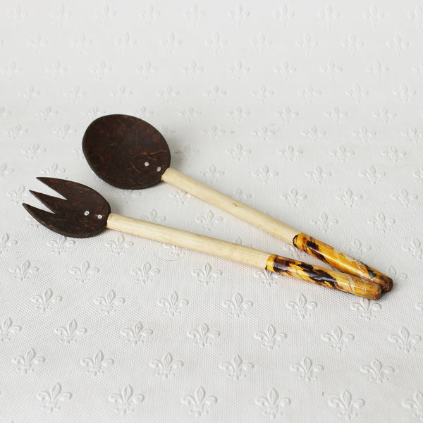 Coconut shell salad servers - medium; 3 lacquer colours