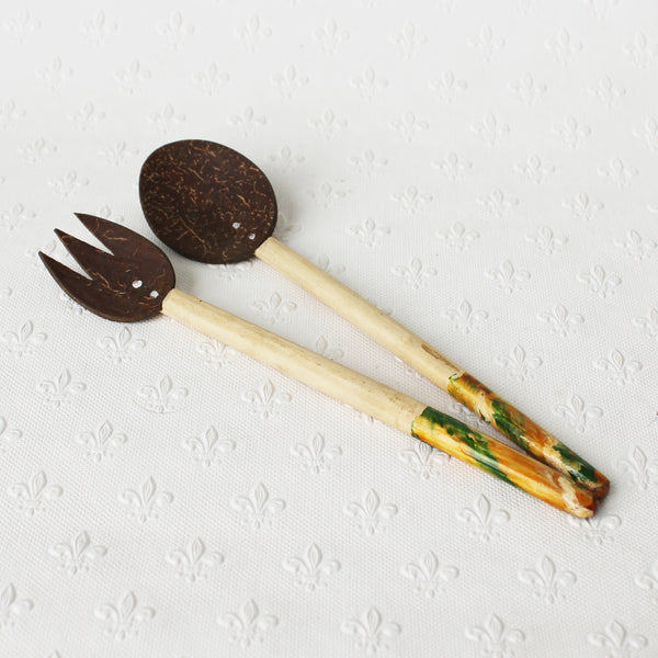 Coconut shell salad servers - medium; 3 lacquer colours