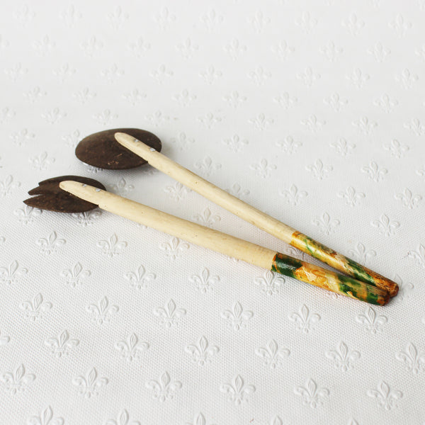 Coconut shell salad servers - medium; 3 lacquer colours