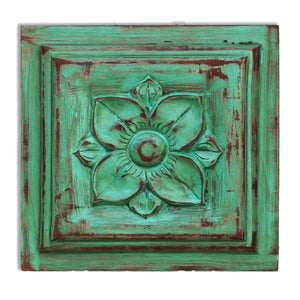 Hand-carved, vintage-style, painted wooden panel - square; lotus flower