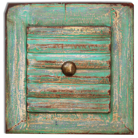 Hand-carved, vintage-style, painted wooden panel - square; slatted design with brass centre