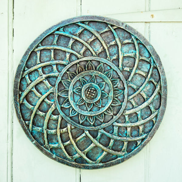 Hand-carved, vintage-style, painted wooden panel - round; mandala solid design