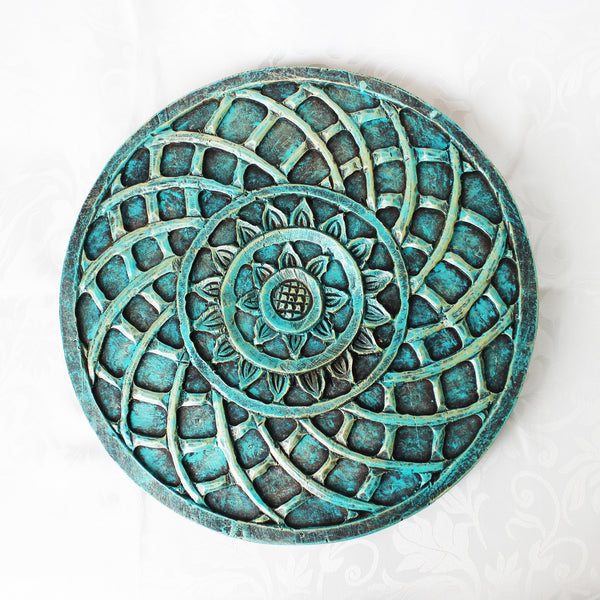 Hand-carved, vintage-style, painted wooden panel - round; mandala solid design