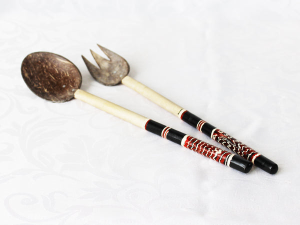 Coconut shell salad servers - large; 4 lacquer colours