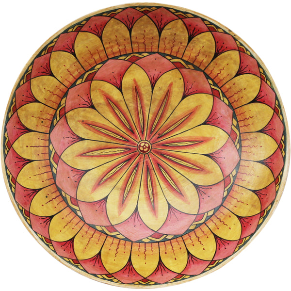 Painted wooden plate - large; pink-yellow lotus flower mandala, 12 petals