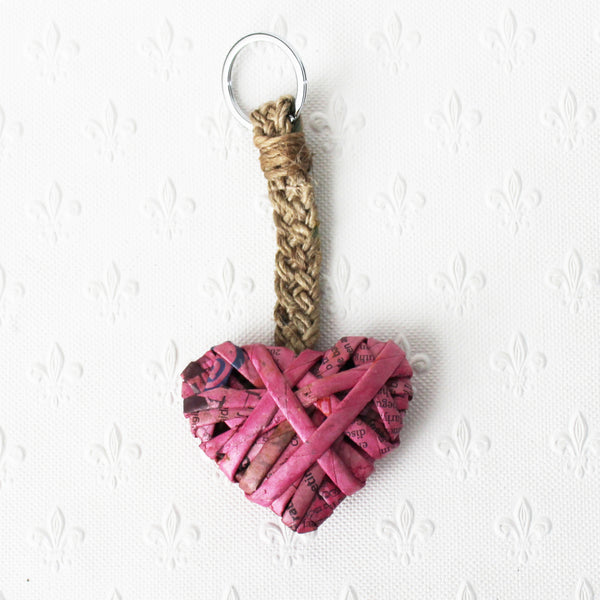Heart keyring made from newspaper - 5 colours