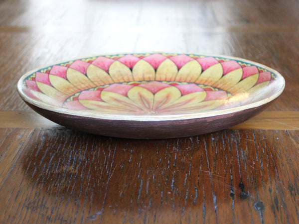 Painted wooden plate - large; pink & yellow lotus mandala