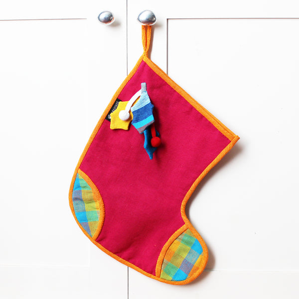 Barefoot handloom Christmas stocking, large size; holly decor - 5 designs