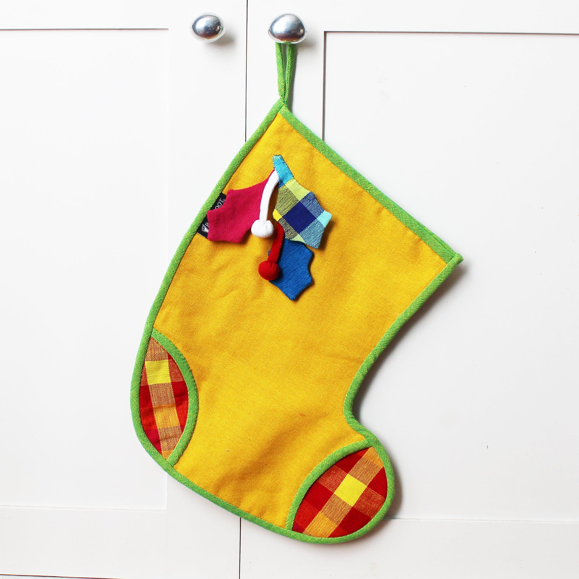 Barefoot handloom Christmas stocking, large size; holly decor - 5 designs