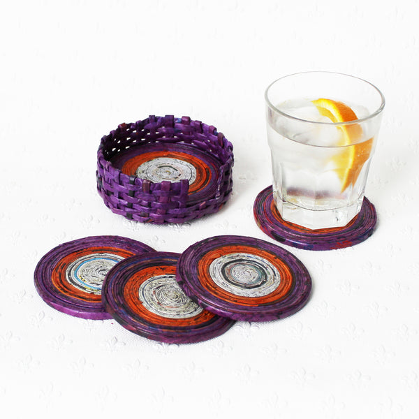 Newspaper coasters - set of 6 with holder, 10 colour options