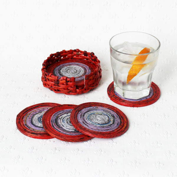 Newspaper coasters - set of 6 with holder, 10 colour options