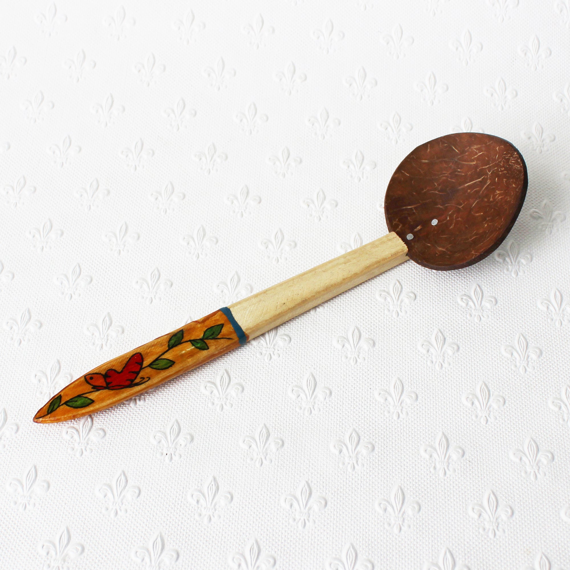 coconut shell spoons with decorated handles - 6 designs