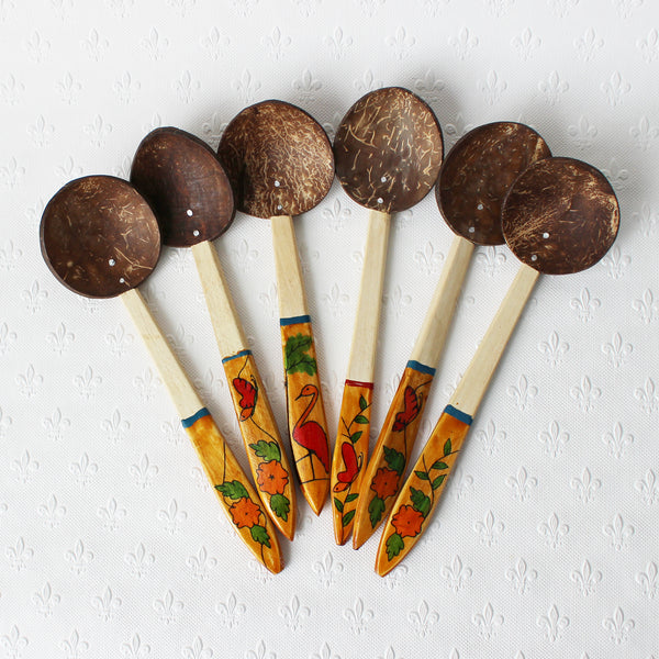 coconut shell spoons with decorated handles - 6 designs