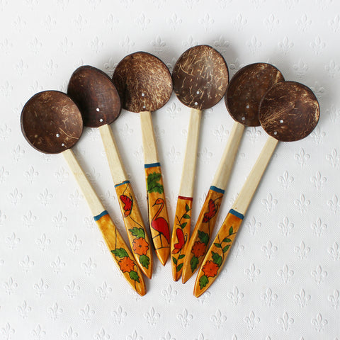 coconut shell spoons with decorated handles - 6 designs