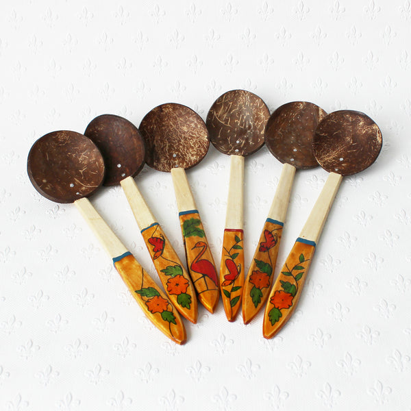 coconut shell spoons with decorated handles - 6 designs