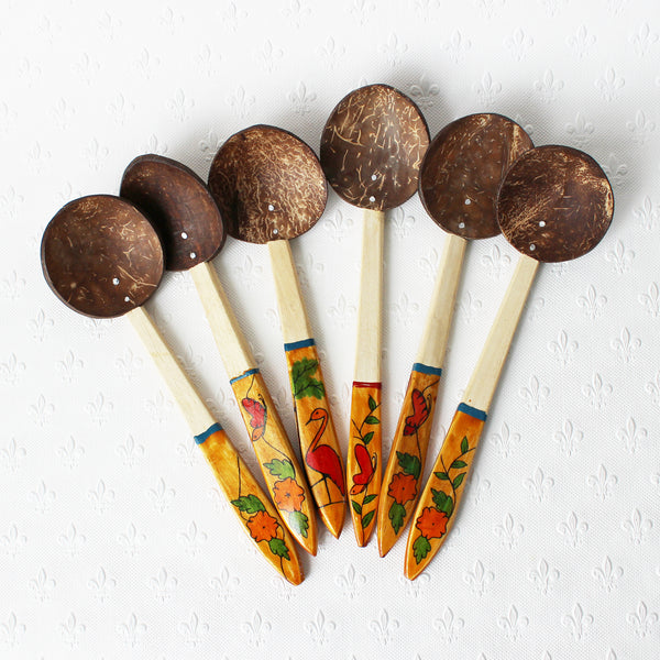 coconut shell spoons with decorated handles - 6 designs