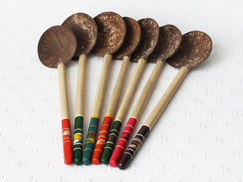Coconut shell spoons, large; slim lacquered handles - 5 colours