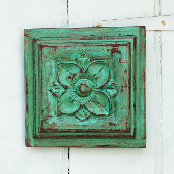 Hand-carved, vintage-style, painted wooden panel - square; lotus flower
