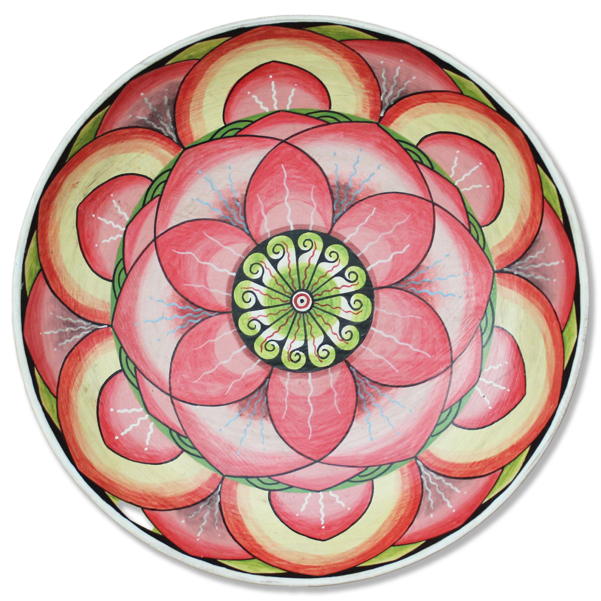 Painted wooden plate - large; pink-yellow-green lotus flower mandala, 6 petal
