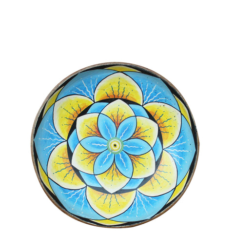 Painted wooden plate - medium; blue-yellow lotus flower mandala, 6 petals