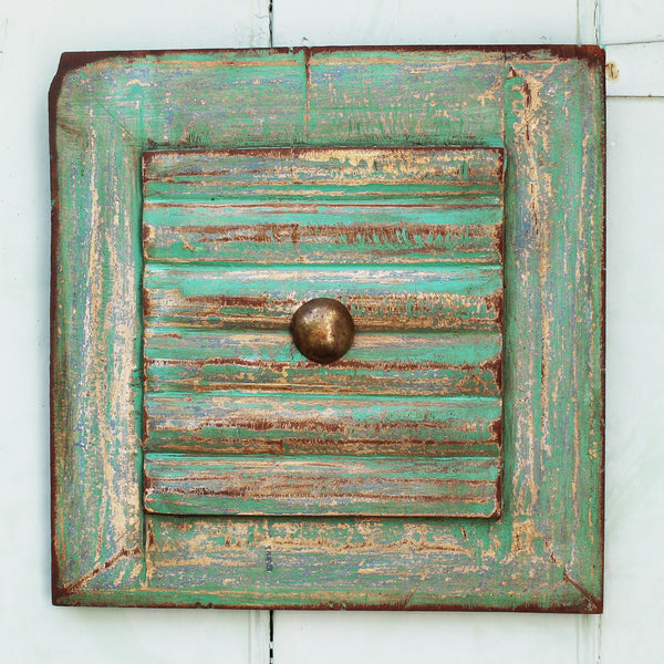 Hand-carved, vintage-style, painted wooden panel - square; slatted design with brass centre