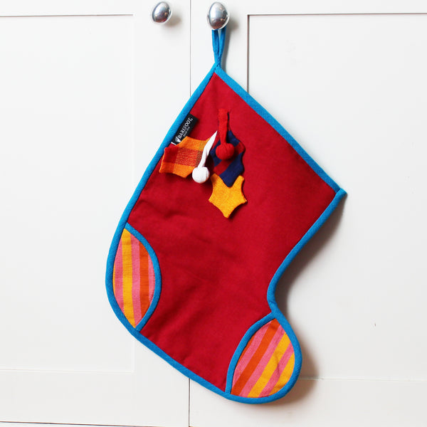 Barefoot handloom Christmas stocking, large size; holly decor - 6 designs