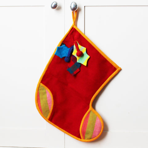 Barefoot handloom Christmas stocking, large size; holly decor - 6 designs