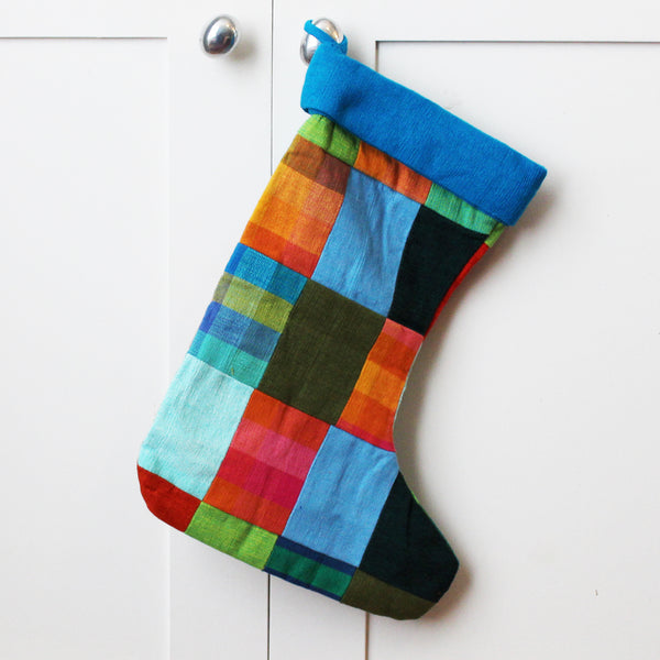 Barefoot handloom Christmas stocking; patchwork - 5 designs