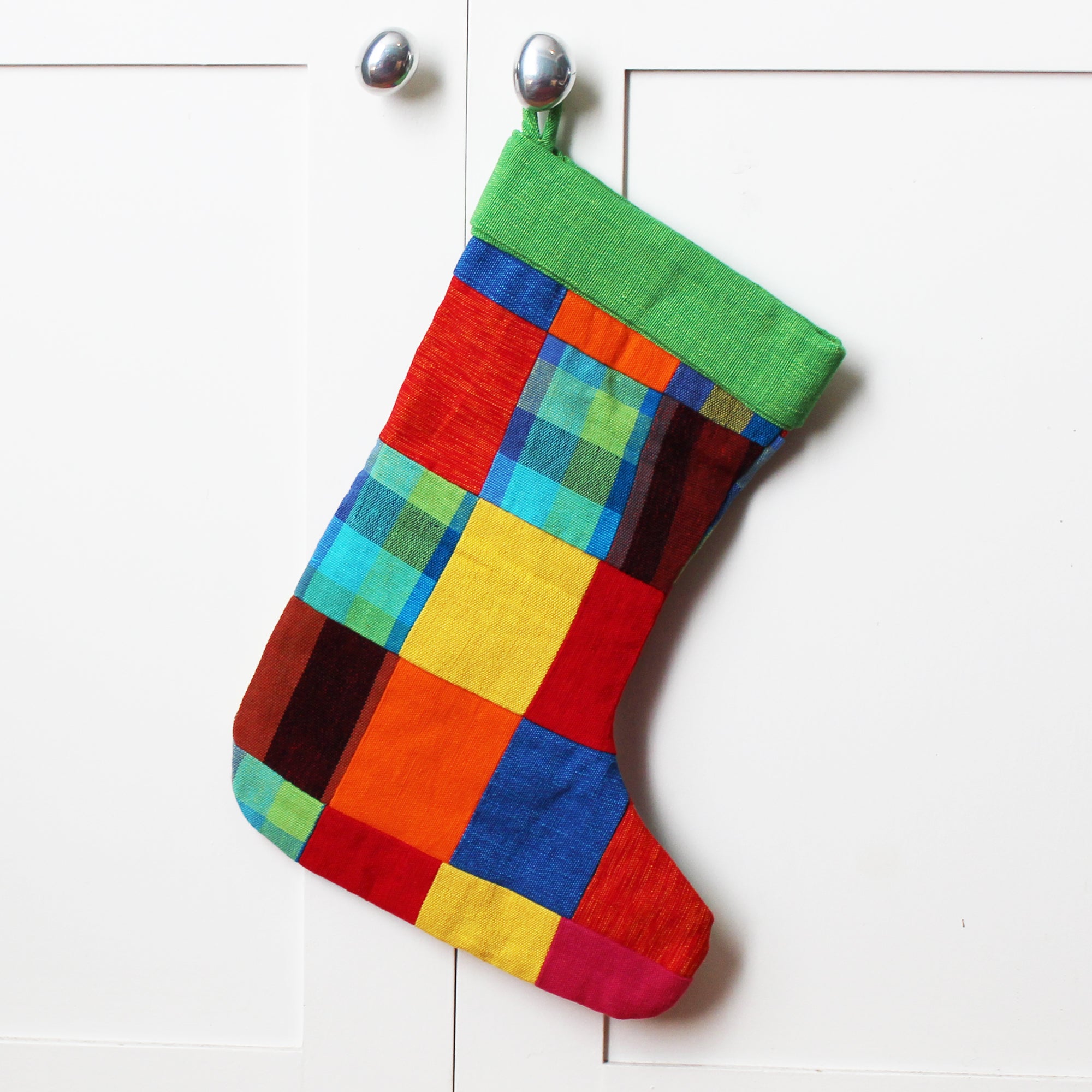 Barefoot handloom Christmas stocking; patchwork - 5 designs