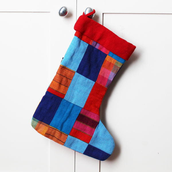 Barefoot handloom Christmas stocking; patchwork - 5 designs