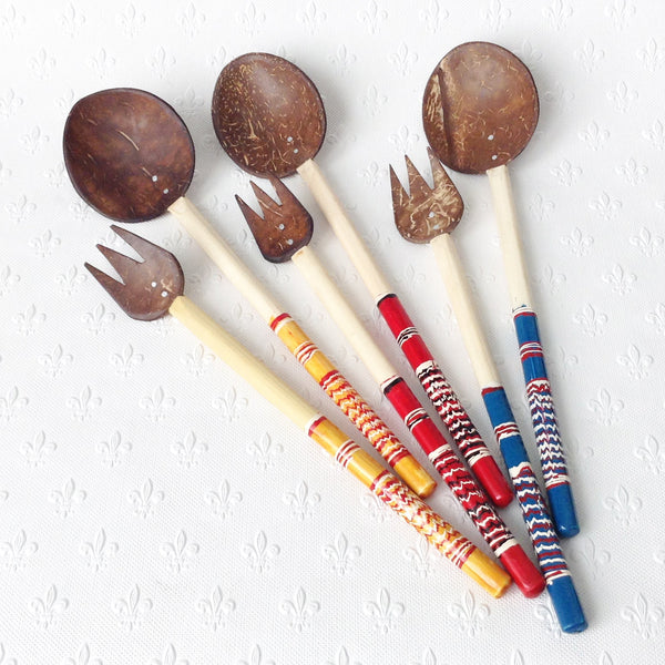 Coconut shell salad servers - large; 4 lacquer colours