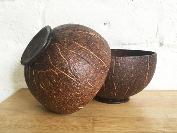 Coconut shell bowl - rustic exterior, with stand