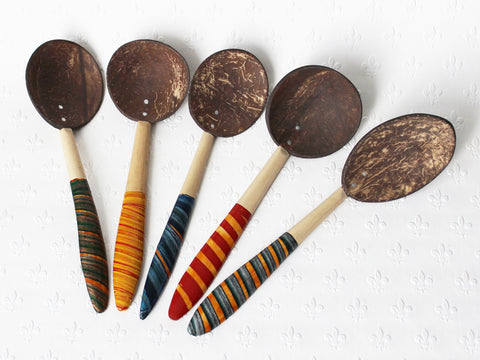 Coconut shell spoons, large; wide lacquered handles - 8 designs
