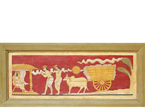 Painting on large wooden panel; framed - bullock and cart