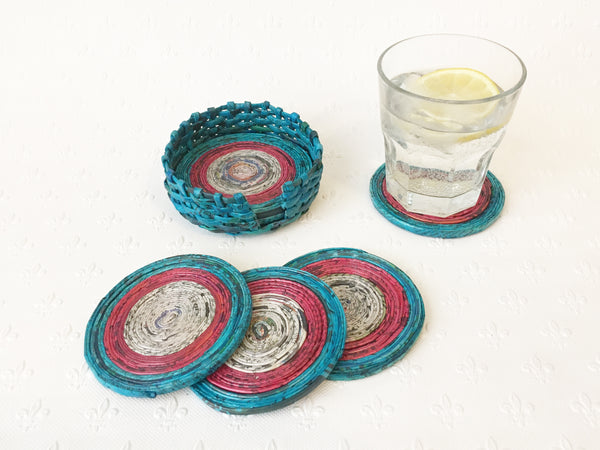 Newspaper coasters - set of 6 with holder, 10 colour options
