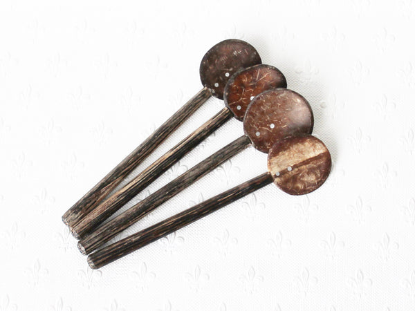 Coconut shell spoons; small - plain wooden handle