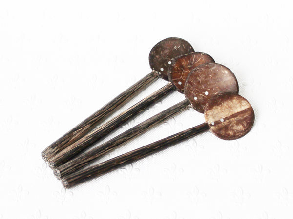 Coconut shell spoons; small - plain wooden handle