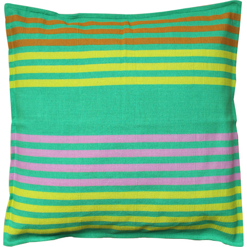 Barefoot handloom cushion cover - green-yellow-pink