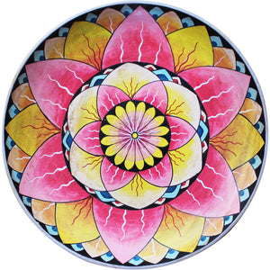 Painted wooden plate - large; pink, yellow, blue lotus mandala