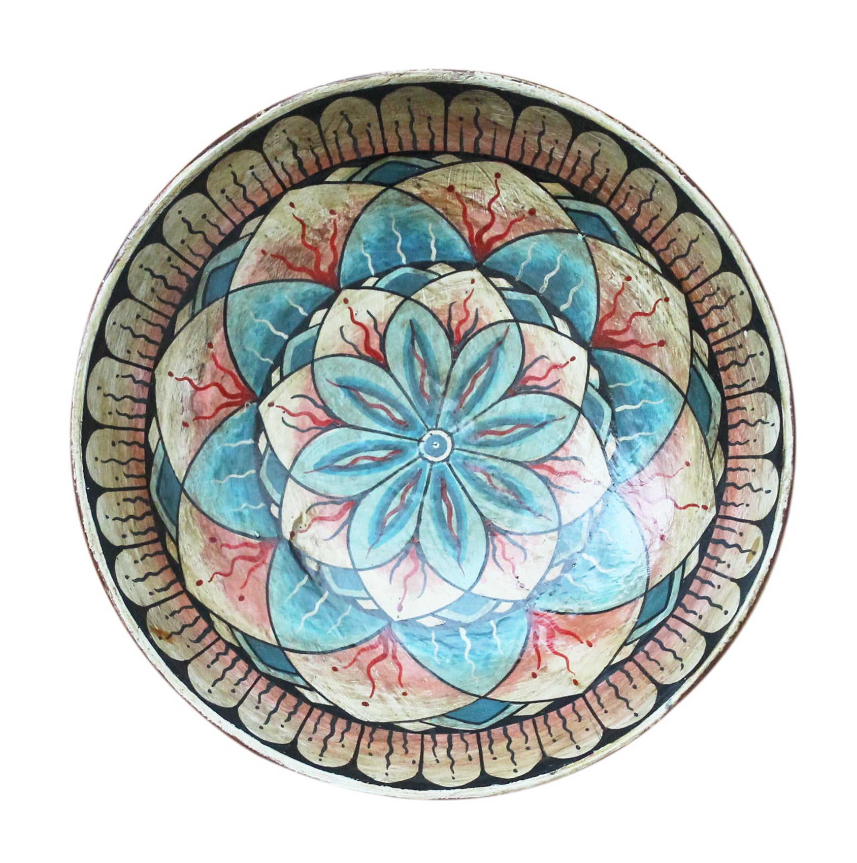 Painted wooden plate - small; blue-pink lotus mandala